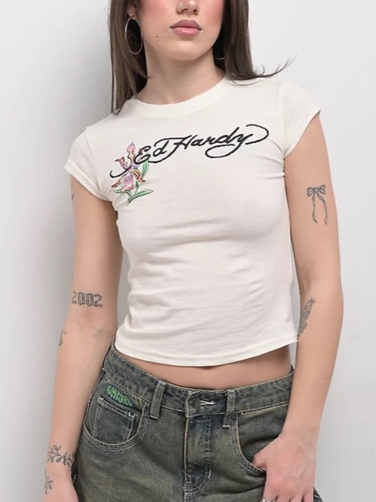 Ed Hardy Tops - Ed Hardy Ivory Short-Sleeve Logo Tee with Swallow Back